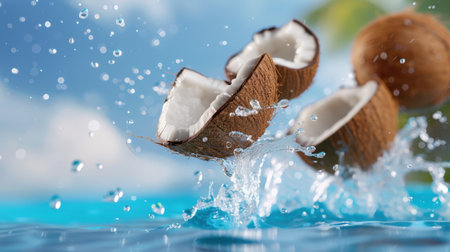 Dynamic water splashes with broken coconut shells create a refreshing tropical scene, emphasizing natural beauty and the essence of summer enjoyment.の素材