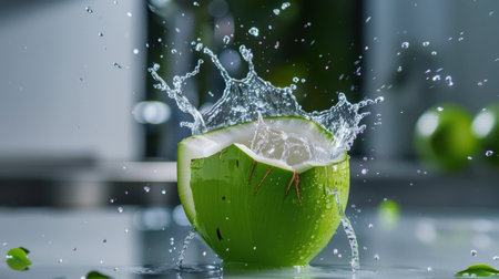 High-quality image of a fresh coconut with splashing water droplets, highlighting vibrant colors and natural textures, perfect for promoting healthy beverages and tropical themes.の素材