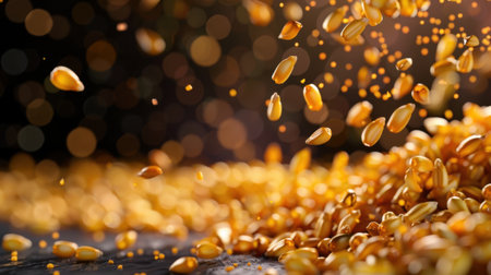 Majestic corn kernels tumble gracefully against a blurred bokeh background, showcasing vibrant golden hues, perfect for natural food and agriculture-themed projects.の素材
