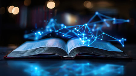 An open book illuminated with glowing digital lines and symbols, representing the fusion of traditional learning and modern technology in a creative and innovative environment.の素材
