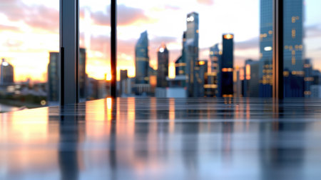 This image captures a sleek office interior featuring a reflective surface, framed by a stunning city skyline at sunset, blending modern design with urban tranquility.の素材
