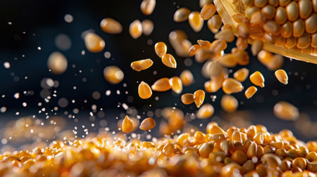 Dynamic image of corn kernels falling with splashes and particles, capturing the essence of freshness and motion. Ideal for food-themed projects or agricultural content.の素材