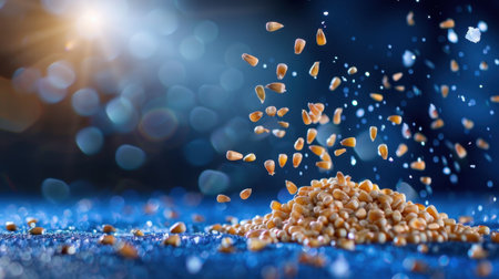 Stunning close-up image showcasing seeds falling onto a pile against a sparkling bokeh background, illustrating textures and vibrant colors in nature and agriculture.の素材