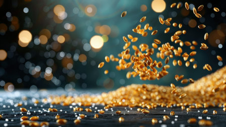Captivating image of grains falling against a blurred bokeh background. The dynamic movement highlights the texture and richness of natural ingredients in a soft, artistic setting.の素材