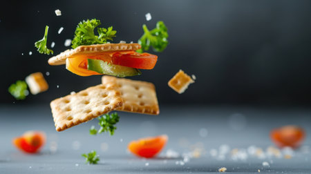 A captivating image of floating crackers topped with fresh vegetables and herbs against a dark backdrop, showcasing a creative, healthy snack ideal for culinary inspiration.の素材
