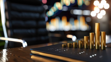 An elegant golden bar graph sits on a conference table, symbolizing business growth and economic performance, with an office setting in the blurred background.の素材
