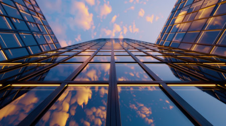 Captivating view of a modern skyscraper showing reflections of the evening sky and clouds, highlighting architectural elegance and urban beauty during sunset.の素材