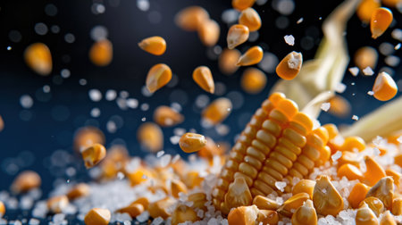 Discover a visually striking composition featuring fresh corn kernels and sea salt, perfect for culinary enthusiasts seeking inspiration for healthy cooking and vibrant flavors.の素材
