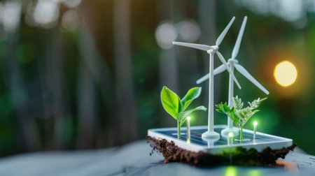 This image showcases a conceptual model of renewable energy, featuring small wind turbines and green plants growing on a solar panel, representing innovation and sustainability in nature.の素材