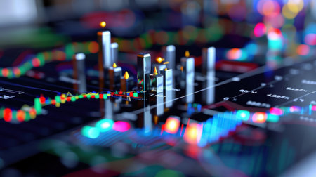 Explore a vibrant and detailed financial data visualization featuring multicolored graphs and candlestick charts on a high-tech digital interface. Perfect for finance themes.の素材
