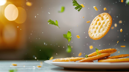 A dynamic image captures flying crackers with herbs and cheddar amidst a vibrant kitchen backdrop, creating an enticing atmosphere perfect for culinary delights and snacking moments.の素材
