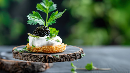 A stunning gourmet appetizer featuring a creamy mixture topped with fresh herbs and black caviar, presented on a crispy base, beautifully set against a blurred green background.の素材