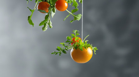 A vibrant orange tomato with green leaves hangs by a string against a soft gray backdrop, capturing the essence of freshness and nature in a creative display.の素材
