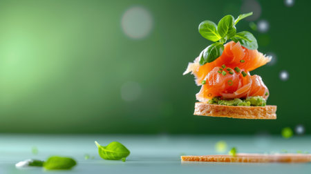 Captivating salmon appetizer showcasing fresh herbs and greens, artfully arranged on toast. Ideal for food photography, culinary creativity, and modern dining themes.の素材