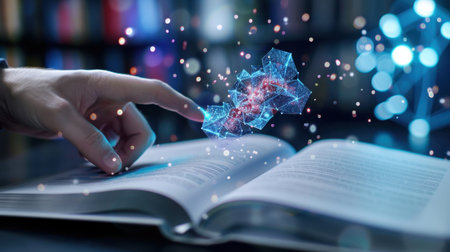 A hand gently touches an open book, surrounded by digital elements that signify knowledge and innovation, set in a dynamic and imaginative learning environment.の素材