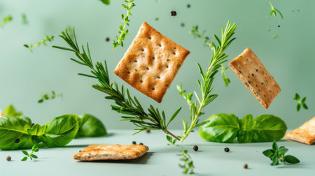 A captivating image of crispy crackers gracefully floating amidst fresh herbs and spices, set against a soft green background, evoking a sense of culinary creativity and freshness.の素材