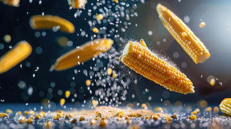 A captivating scene of bright yellow corn kernels and sugar particles falling through the air, highlighting the beauty of fresh ingredients in a dark culinary setting.の素材