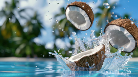 Fresh coconut halves splash into clear water, surrounded by lush palm trees, evoking a refreshing summer escape. Perfect for tropical drink and relaxation themes.の素材