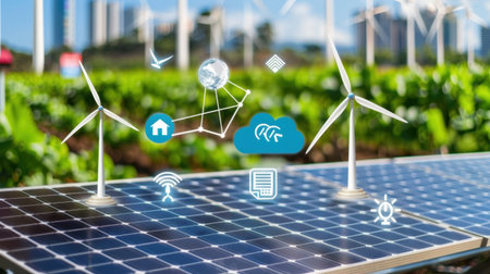 Bright renewable energy scene featuring wind turbines and solar panels in an urban environment, showcasing clean technology, sustainability, and ecological innovation.の素材