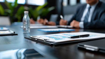A business meeting in a modern office space features professionals discussing reports and performance charts on a conference table, showcasing teamwork and collaboration.の素材