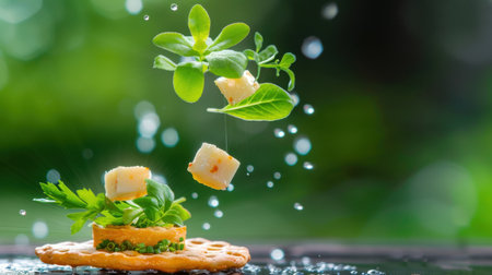 A stunning culinary arrangement featuring fresh mint and cheese suspended in water droplets, showcasing the beauty and creativity of food presentation in an artistic way.の素材