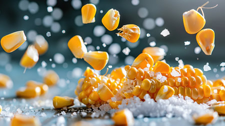Fresh sweet corn kernels fall gracefully onto a wooden surface sprinkled with sea salt, showcasing vibrant colors and textures perfect for culinary visuals.の素材