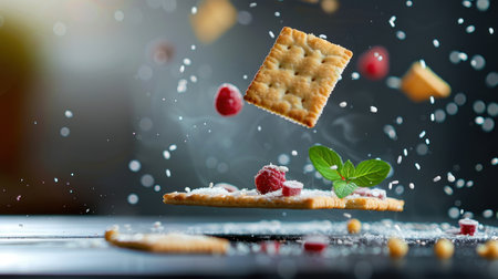 This dynamic image showcases a cracker suspended mid-air among fresh berries and mint leaves, creating an artistic and playful culinary scene. Perfect for food enthusiasts!の素材