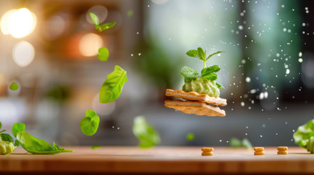 A captivating scene featuring a crisp cracker topped with creamy avocado and mint, set against a vibrant kitchen background, showcasing freshness and culinary creativity.の素材