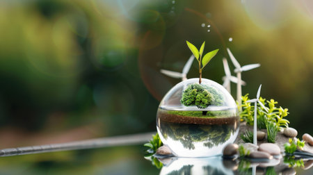 A conceptual image featuring a miniature tree within a glass sphere, highlighting renewable energy and eco-friendly themes with nature elements and wind turbines in a blurred background.の素材