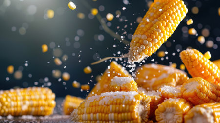 A visually appealing scene showing fresh corn kernels sprinkled with sugar, capturing a delightful moment of culinary creativity. Ideal for food, cooking, and nature themes.の素材