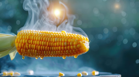 Steaming sweet corn drizzled with butter showcases vibrant colors and textures in an outdoor setting, capturing the essence of summer meals and culinary delights.の素材