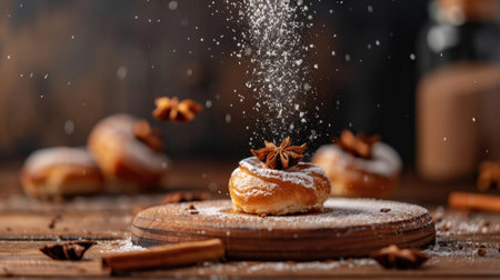 A delectable donut topped with powdered sugar and star anise, set on a wooden surface. This cozy scene captures the essence of homemade baking and delightful desserts.の素材