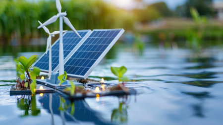 A creative representation of renewable energy technology featuring solar panels and wind turbines on a water surface, surrounded by green plants. An innovative approach to sustainability.の素材