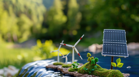 Miniature wind turbines and solar panels displayed on a lush natural backdrop emphasize the importance of renewable energy and environmental conservation in today's world.の素材
