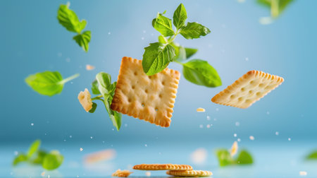 A delightful composition featuring crispy crackers and fresh mint leaves in mid-air, creating a visually striking scene with vibrant colors and appealing textures. Perfect for food photography.の素材