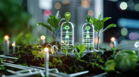 A creative depiction of modern technology harmonizing with nature, showcasing plants, renewable energy icons, and sustainable designs in an urban landscape, emphasizing innovation and eco-consciousness.の素材