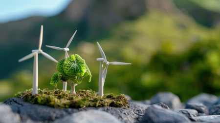 A captivating miniature scene showcasing wind turbines and a leafy tree, symbolizing sustainability and renewable energy amid a lush green background. Perfect for eco-themed projects.の素材