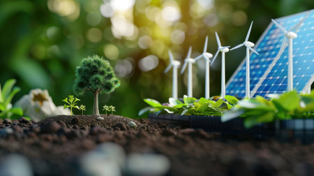 A picturesque miniature landscape showcasing wind turbines, solar panels, and vibrant plants, representing a vision of sustainable energy and environmental harmony.の素材
