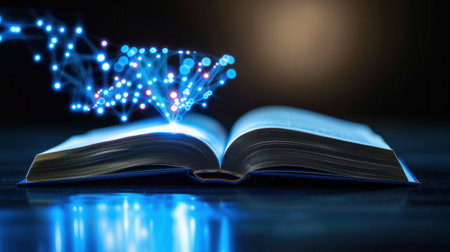 An enchanting open book radiates glowing blue particles, symbolizing the fusion of knowledge and imagination in a dark, mysterious setting. Ideal for educational and creative themes.の素材