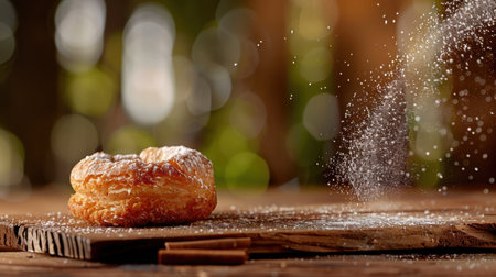 A deliciously flaky pastry elegantly dusted with powdered sugar rests on a rustic wooden surface, surrounded by soft natural light and greenery, creating a warm culinary scene.の素材