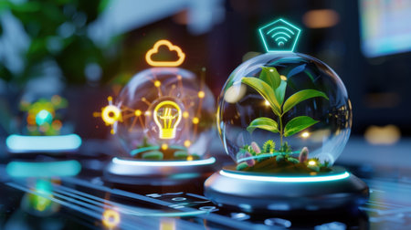This image showcases unique concepts of sustainability with plants growing in glass globes and digital symbols representing connectivity, innovation, and ecological awareness.の素材