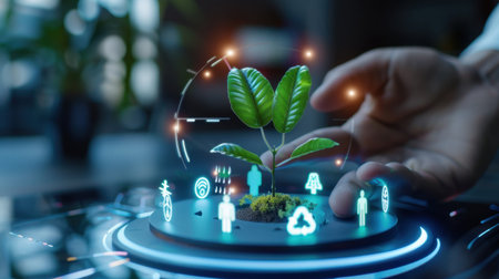 A captivating image showcasing a hand interacting with a digital plant on a sleek interface. Icons highlight themes of sustainability, innovation, and eco-friendliness.の素材