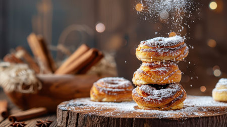 Delight in this mouthwatering image of cinnamon rolls lightly dusted with powdered sugar, set on a rustic wooden board, perfect for culinary and festive themes.の素材