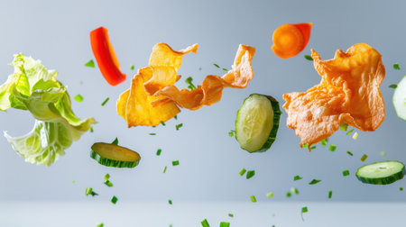 A vibrant collection of fresh vegetables and crispy snacks floating in the air, showcasing textures and colors ideal for culinary projects focused on health and wellness.の素材