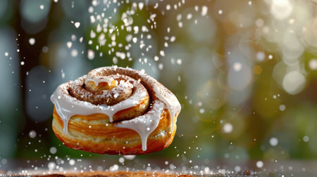 A captivating image of a cinnamon roll with creamy icing floating against a beautifully blurred background, evoking warmth and indulgence perfect for food enthusiasts.の素材