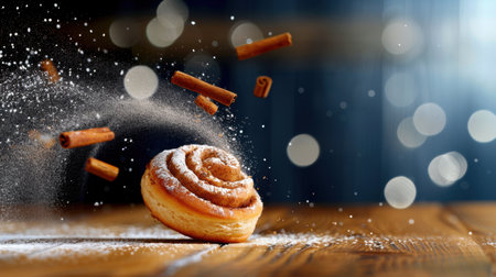 A beautifully captured cinnamon roll dusted with powdered sugar and surrounded by floating cinnamon sticks, evoking warmth and indulgence in a cozy kitchen ambiance.の素材