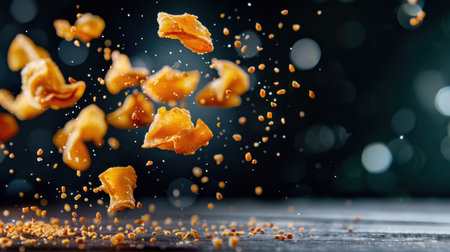 A stunning close-up image capturing golden crispy snack pieces elegantly falling against a blurred dark backdrop, showcasing texture and a playful sense of movement for culinary presentations.の素材