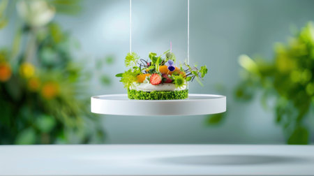 This unique floating garden showcases an artful arrangement of fresh herbs and vegetables in a modern minimalist setting, perfect for culinary inspiration and vibrant food displays.の素材