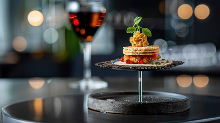 A visually stunning presentation of gourmet cuisine set on a sleek table in an upscale restaurant, accompanied by a stylish cocktail, perfect for fine dining enthusiasts.の素材