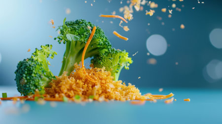 A dynamic image showcasing fresh broccoli paired with vibrant vegetable shavings and grated cheese, highlighting the beauty of healthy ingredients in a kitchen setting.の素材